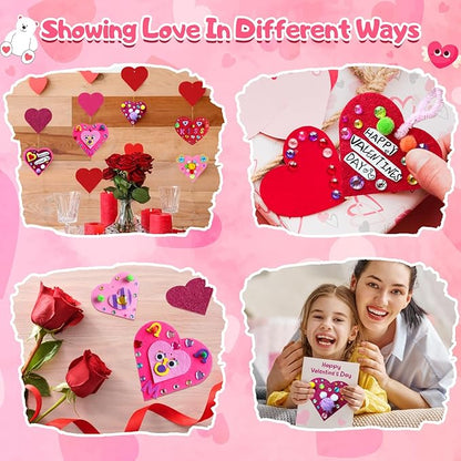 RMJOY Valentines Day Craft Gift Set: DIY Colorful Foam Heart Art Craft Ornament Toy Kit with Pom-poms Googly Eyes Gem Sticker for Kid Classroom Home Activity Party Favor Wedding Birthday Decoration