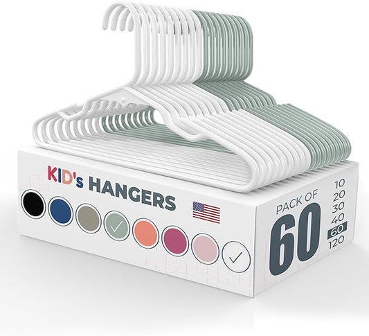 Made in USA Baby Hangers, Kids Hangers for Children's Clothes, Toddler Outfits and Clothing, 20 50 100 Pack Available, Kid Plastic Hanger for Closet and Nursery, Kids Hangars (60pk White/Mint)