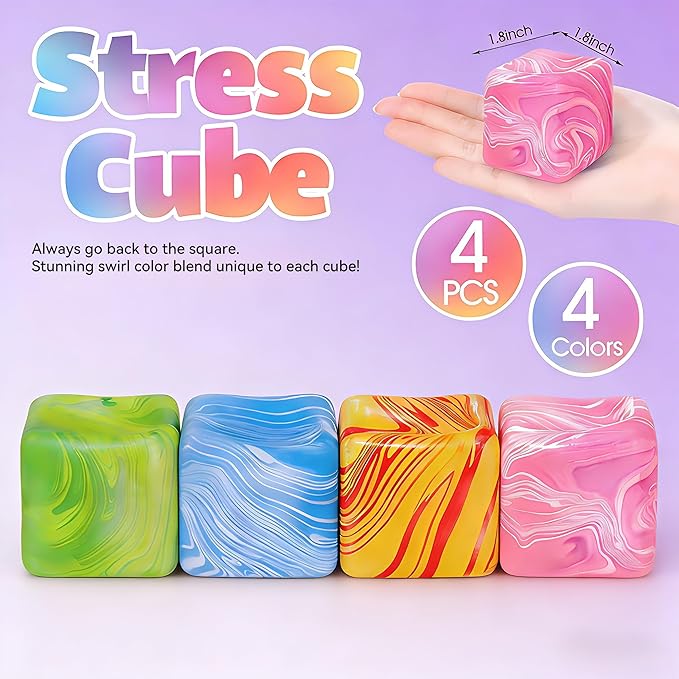 4PCS Slow Rising Stress Cubes 4 Colors, Stress Balls for Adults Fidget Toys Adults, Squeeze Squishy Toys for Anxiety Relief & Autism, Easter Basket Stuffers Birthday & Easter Gifts