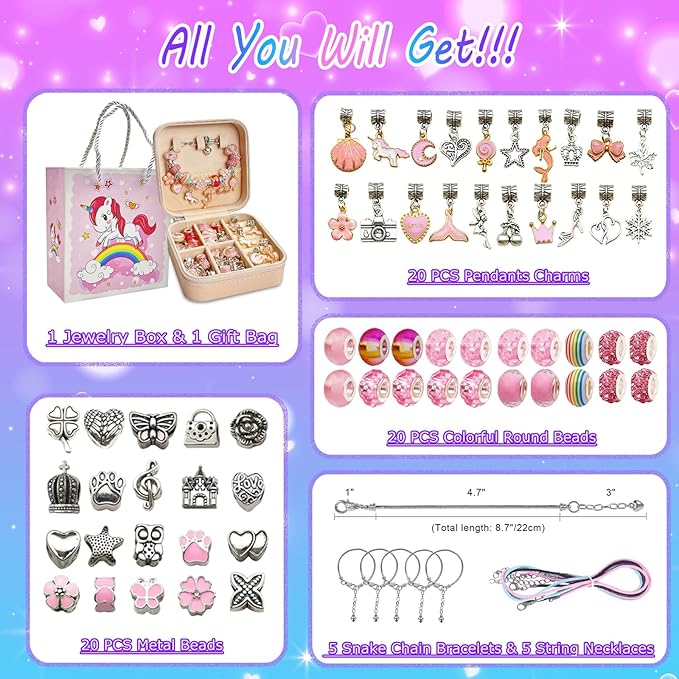 DIY Charm Bracelet Making Kit for Girls Christmas Gifts, 162Pcs Kids Jewelry Making Kit for Girls 4-6 8-12, Birthday Gifts for Girls Age 8-10 with Portable Bracelet Organizer Box