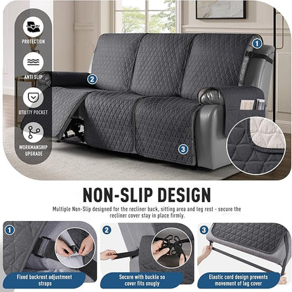 TAOCOCO 100% Waterproof Recliner Sofa Cover-Non Slip Split Couch Covers for Reclining Couches with Elastic Straps,Couch Covers for 3 Cushion Couch Sofa Pet Friendly(Black Gray, 3 Seater)