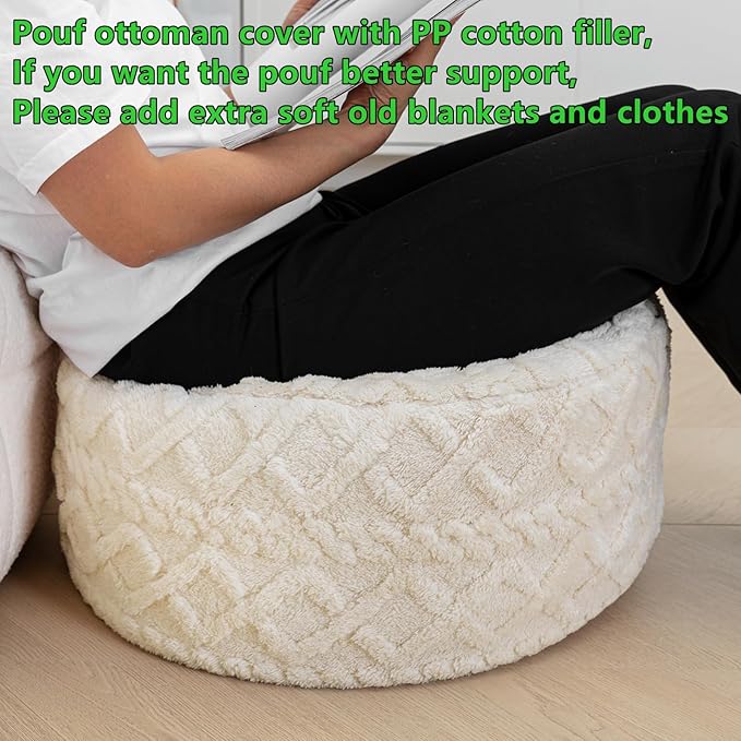 Pouf Ottoman Stuffed 20x20x12 Inches Floor Pouf Plush Fiber Ottoman Foot Rest Under Desk Foot Stool for Living Room Bedroom (Cream)