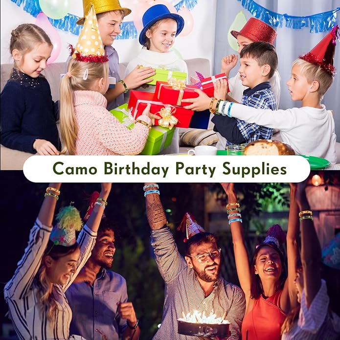 Inbagi 100 Pcs Camouflage Army Rubber Bracelets Camouflage 4 Styles Assorted Wristbands Camo Military Stretch Rubber Bracelets for Men Kids Women Army Party Gifts Birthday Party Decorations Supplies