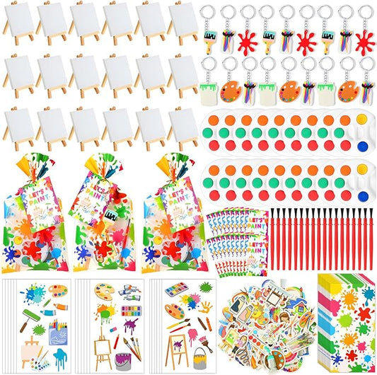 HyDren Paint Party Favors Include Mini Watercolor Paint Set Small Painting Canvas with Easel Palette Brush Paint Stickers Tattoo Sticker Keychain for Class Birthday Art Party(189 Pcs, Creative Style)