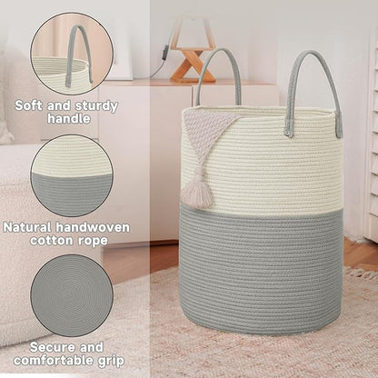 JMvicyroam Large Woven Laundry Basket Hamper,60L Cotton Rope Storage Bin for Blankets,Toys and Clothes,Decorative Tall Nursery Hamper for Living Room,Baby Nursery,Bathroom and Bedroom,White and Grey