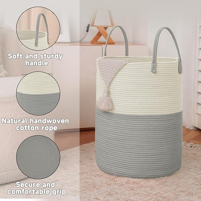 JMvicyroam Large Woven Laundry Basket Hamper,80L Cotton Rope Storage Bin for Blankets,Toys and Clothes,Decorative Tall Nursery Hamper for Living Room,Baby Nursery,Bathroom and Bedroom,White and Grey