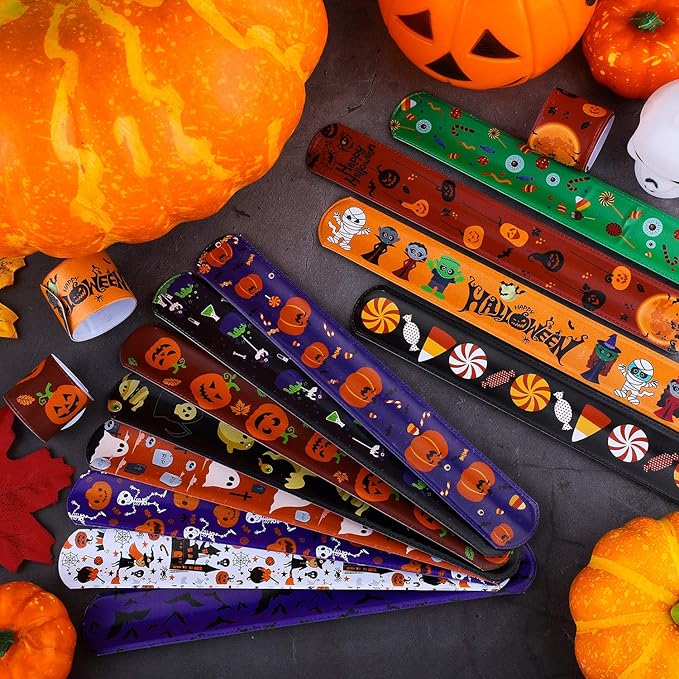 Elcoho 48 Pieces Halloween Slap Bracelets Toys Assorted Halloween Designs Snap Bracelets Wristbands for Craft Halloween Party Favors Exchanging Gifts