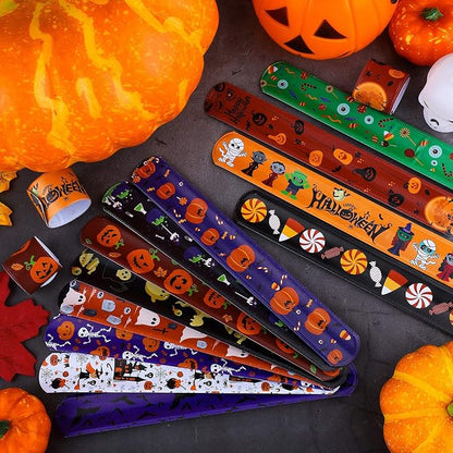 Elcoho 48 Pieces Halloween Slap Bracelets Toys Assorted Halloween Designs Snap Bracelets Wristbands for Craft Halloween Party Favors Exchanging Gifts