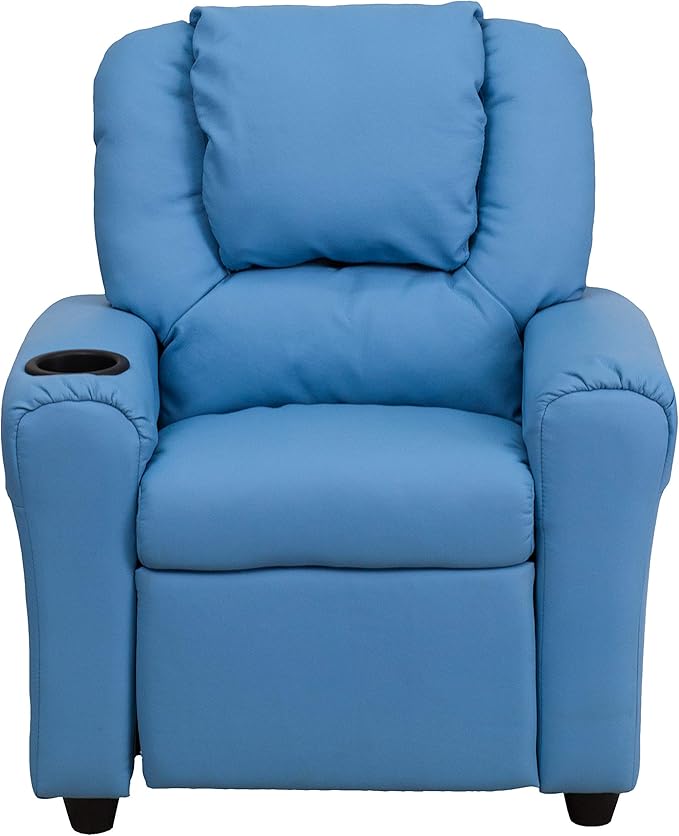 Flash Furniture Vana Vinyl Kids Recliner with Cup Holder, Headrest, and Safety Recline, Contemporary Reclining Chair for Kids, Supports up to 90 lbs., Light Blue