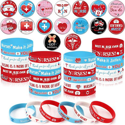 64PCS Nurse Party Favors 32pcs Nursing Themed Button Badges Pins and 32pcs Nurse Silicone Bracelets for Nurses Week Medical RN Theme Nurse Graduation Activities Party Decorations