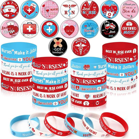 64PCS Nurse Party Favors 32pcs Nursing Themed Button Badges Pins and 32pcs Nurse Silicone Bracelets for Nurses Week Medical RN Theme Nurse Graduation Activities Party Decorations