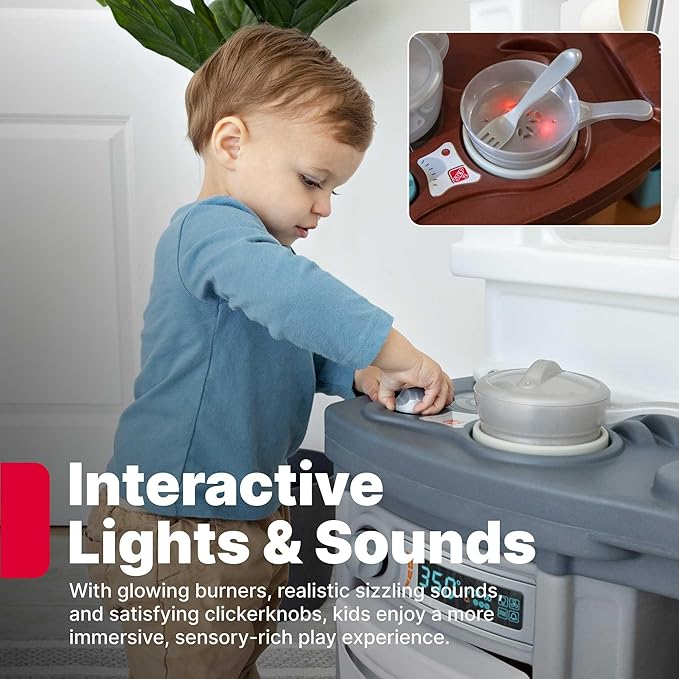 Step2 Fun with Friends Kids Kitchen Playset, Indoor/Outdoor Kitchenette with Lights & Sounds, Durable Plastic, 25-Piece Toy Accessories, Toddlers 2+ Years, Gray