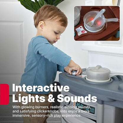 Step2 Fun with Friends Kids Kitchen Playset, Indoor/Outdoor Kitchenette with Lights & Sounds, Durable Plastic, 25-Piece Toy Accessories, Toddlers 2+ Years, Gray