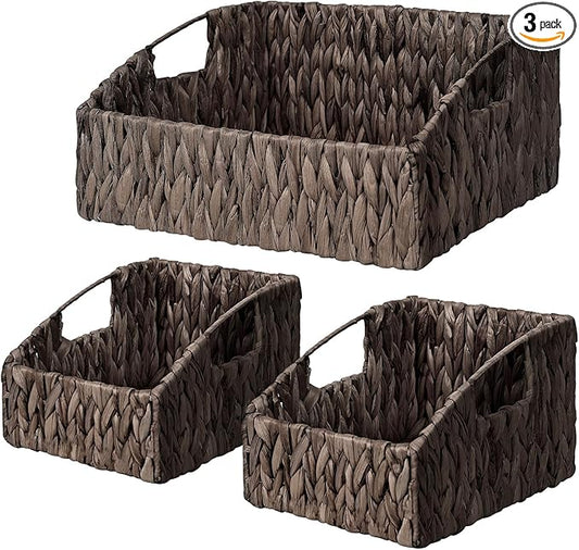 Ollieroo Rattan Storage Baskets, Handwoven Wicker Storage Bins with Built-in Handles, Storage Container Baskets for Shelves, Bedroom, Bathroom, Laundry Room or Kitchen(Black)