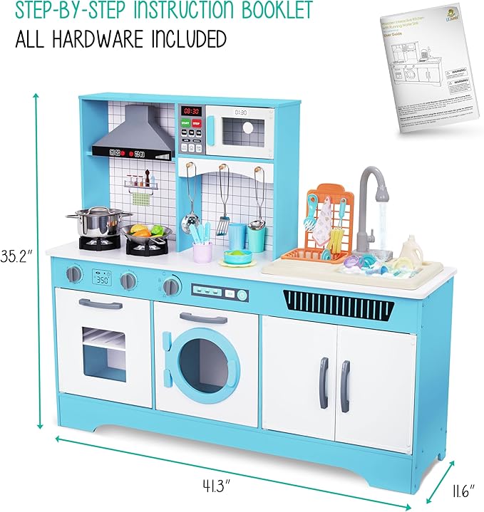 Lil' Jumbl Kids Wooden Blue Color Kitchen Set, Pretend Working Sink with Real Running Water, Includes Range Hood, Microwave & Stove Top That Make Realistic Sound & Light, Full Accessory Set Included