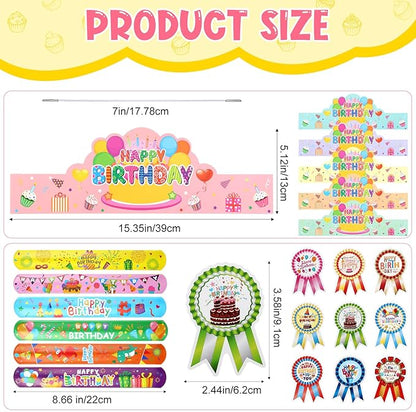 Yunsailing 108 Pcs Happy Birthday Party Supplies for Kids Include 36 Birthday Paper Crowns 36 Birthday Badge Stickers 36 Happy Birthday Slap Bracelets for Classroom School Party Supply(Fresh Color)