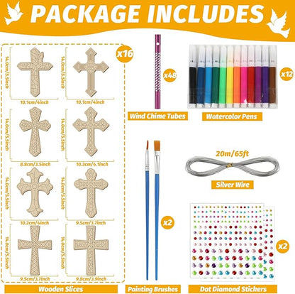 gisgfim Easter 16 Pack Cross Wind Chime Crafts Kits for Kids Make Your Own Sunday School Craft Christian Crafts Wooden DIY Arts for Party School Classroom Decorations Supplies Birthday Favors