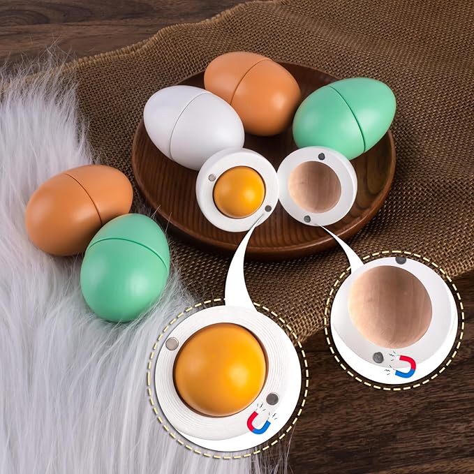 WHOHOLL Wooden Easter Play Eggs Toy, Play Food Sets for Kids Kitchen, Durable Wood Eggs with Magnetic Separable Yolk, Pretend Play Kitchen Toy Food for Toddlers Boys Girls Gifts