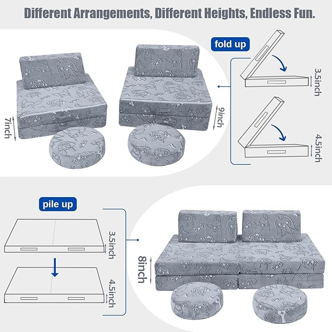 MeMoreCool Glow-in-The-Dark Dog Pattern Kids Play Couch, 8-Piece Modular Fold-Out Toddler Sofa for Playroom Fun