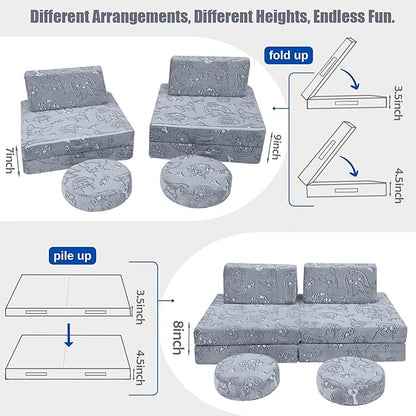 MeMoreCool Glow-in-The-Dark Dog Pattern Kids Play Couch, 8-Piece Modular Fold-Out Toddler Sofa for Playroom Fun