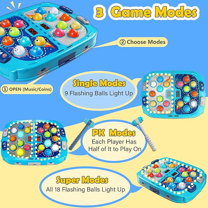 Whack Mole Game for Toddlers, 11x15 Inch Large Whacking Toy with Sound and Light, Interactive Pounding Toy for Kids, 9 Speeds for Beginners/The Skilled/Experts to Challenge, Toys for 3+ Year Old Boys