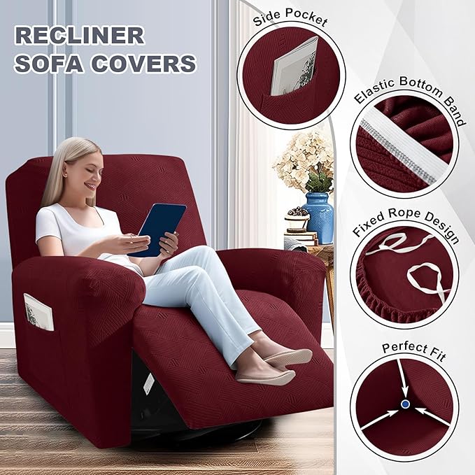 JIVINER Oversized Recliner Chair Covers, 3 Piece Slipcovers for Large Recliner Chair Soft Jacquard Reclining Chair Protector Slipcovers for Dogs,Cats (X-Large, Wine Red)