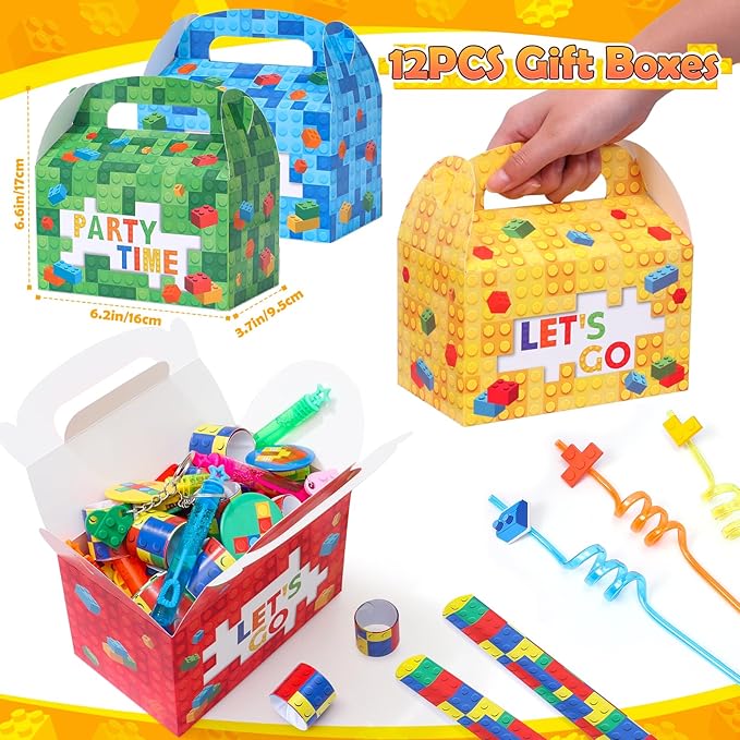 Building Blocks Party Favors Birthday Supplies for Kids, Gift Box Straw Mini Bubble Wand Button Pin Slap Bracelet Keychain, Goody Bag Stuffer Filler Girls Boys Game Carnival Classroom Prize Decor