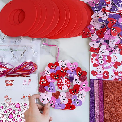 Winlyn 12 Sets Valentine's Day Craft Kits Heart Crafts DIY Heart Wreath Ornaments Decorations Art Sets Foam Smile Heart Stickers for Kids Valentine's Day Party Classroom Activities Gift Exchange