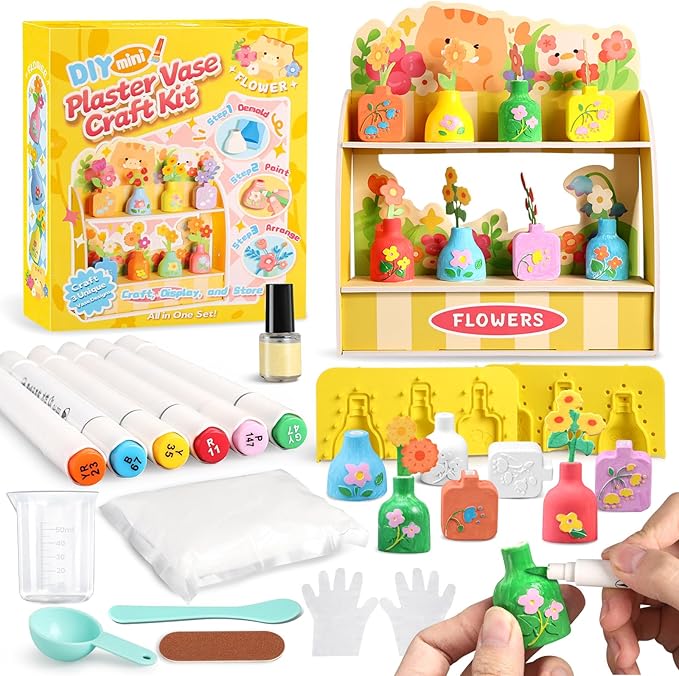 Crelloci DIY Mini Plaster Flower Vase Craft Kit – 3D Painting & Flower Arranging Toy for Kids – Creative Arts and Crafts Set for Girls Ages 3-8, Preschool Art Gift