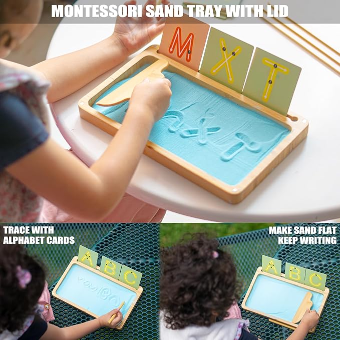 Sand Tray for Classroom Montessori Sand Tray with Lid Wooden Sand Trays for Kids Writing Letters and Numbers (Blue)