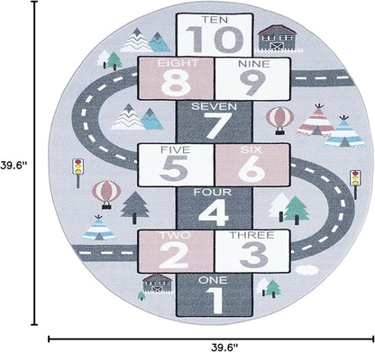 SAFAVIEH Kids Playhouse Collection Area Rug - 3'3" Round, Grey & Pink, Hopscotch, Non-Shedding & Easy Care, Machine Washable Ideal for High Traffic Areas in Playroom, Nursery, Bedroom (KPH226A)