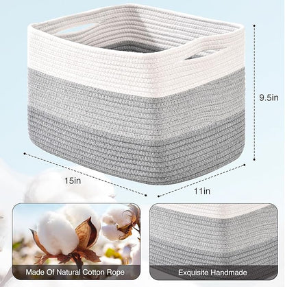 ICERZCZ Storage Baskets for Organizing Shelves, Woven Cotton Rope Baskets for Storage Books Towels Toys, Organizing Baskets, Toy Basket for Nursery Bathroom, 15"x11"x9.5", 3 Packs, Gradient Grey
