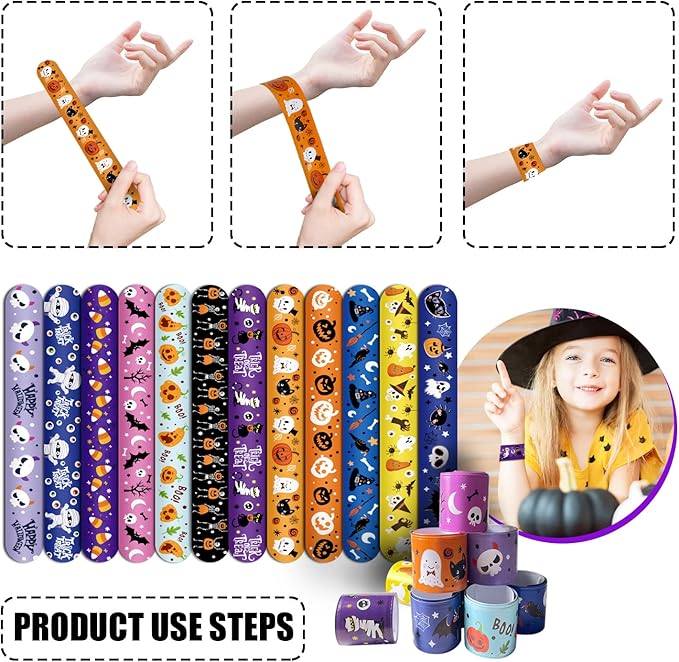 FOIMAS 48pcs Halloween Slap Bracelets,Halloween Snap Bracelet Pumpkin Witch Wristband for Kids Halloween Trick or Treat Bag Filler Party Favor Supply