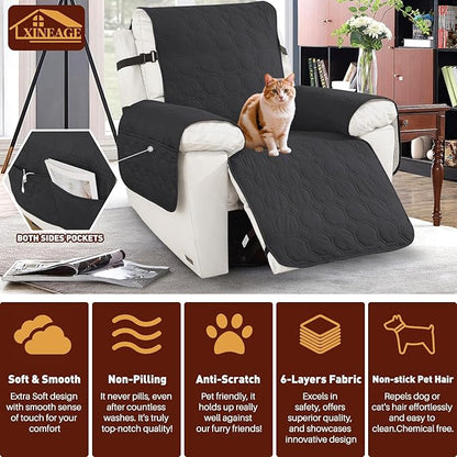 XINEAGE 100% Waterproof Recliner Chair Cover, Non Slip Covers for Recliner Chair with Pocket, Washable Dog Recliner Couch Cover with Elastic Straps (Black, 28")