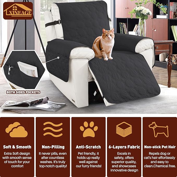 XINEAGE 100% Waterproof Recliner Chair Cover, Non Slip Covers for Recliner Chair with Pocket, Washable Dog Recliner Couch Cover with Elastic Straps (Black, 22")
