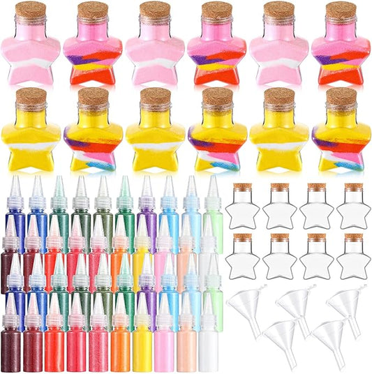 65 Pcs Plastic Sand Art Bottles with Corks Include 20pcs 3.4oz Sand Art Bottles, 40 Colored Art Sand, 5 Plastic Funnels Plastic Clear Containers for Sand Art Fun Arts Crafts Supplies (Star)