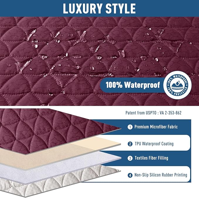 TAOCOCO 100% Waterproof Recliner Sofa Cover-Non Slip Split Couch Covers for Reclining Couches with Elastic Straps,Couch Covers for 3 Cushion Couch Sofa Pet Friendly(Wine, 3 Seater)