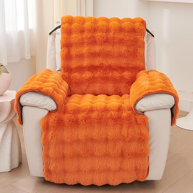 vctops Faux Fur Fluffy Recliner Chair Slipcover Faux Rabbit Fur Non Slip Sofa Cover Super Soft Plush Thick Couch Cover Furniture Protector with Elastic Straps for Kids, Dogs, Pets(Orange,24")