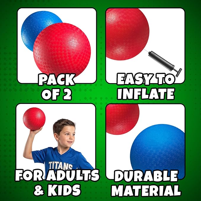 5 Inch Red & Blue Playground Dodgeballs - (2-Pack) - Small Playground Balls for Kids, Teens & Adults - Indoor & Outdoor Gym Sports Balls for Dodgeball, Four Square, PE, Recess Games w/Hand Pump