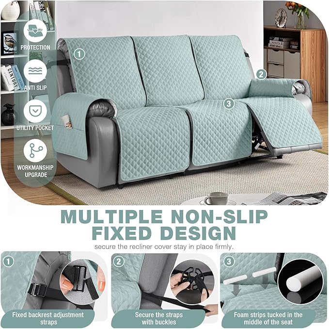 TAOCOCO Recliner Sofa Slipcover Couch Covers for 3 Cushion Couch, Pet Sofa Cover for 3 Seat Recliner Sofa, Washable Reclining Sofa Cover Furniture Protector with Elastic Straps(3 Seater, Mint)