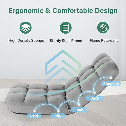 YSSOA Floor Chair Folding with Back Support Convertible Comfy Chair Memory Foam Padded Sleeper Recliner Sofa Chair Gaming Chair Floor for Bedroom Working Meditation Reading Adults Kids Grey