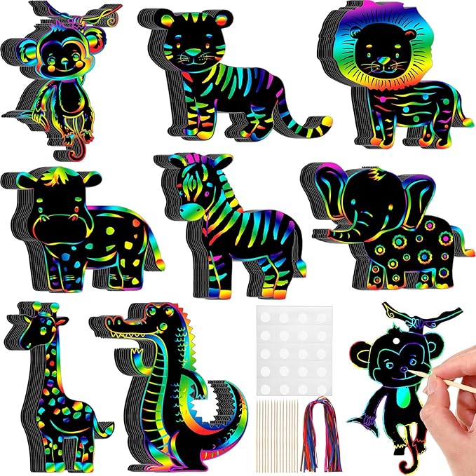 RoundFunny 80 Pcs Jungle Safari Animal Scratch Cards Party Favors Colorful Wild Scratch Painting Scratch Off Paper for Kids DIY Art Craft Kit with 80 Pcs Stick and Ribbon for Birthday Party Ornaments