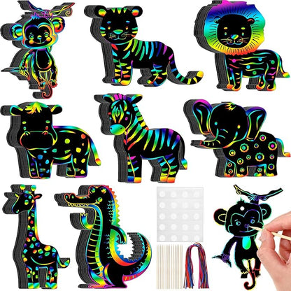 RoundFunny 80 Pcs Jungle Safari Animal Scratch Cards Party Favors Colorful Wild Scratch Painting Scratch Off Paper for Kids DIY Art Craft Kit with 80 Pcs Stick and Ribbon for Birthday Party Ornaments