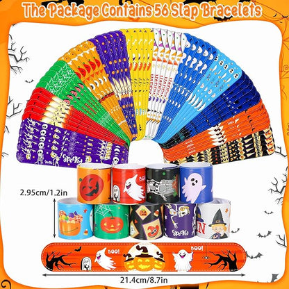 JUNEBRUSHS 56 Pack Halloween Slap Bracelets for Halloween Slap Bands Wristband Halloween Party Favors Snap Bracelets Bulk for Birthday Gifts Toys Party Bag Fillers