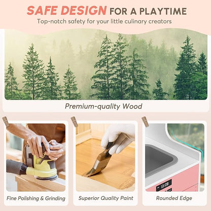 BIERUM Play Kitchen with Realistic Lights & Sounds, Wooden Kitchen Playset with 28 Pcs Toy Food & Cookware Accessories, Toy Kitchen with Plenty of Play Features, Idea Gift for Boys and Girls Ages 3+