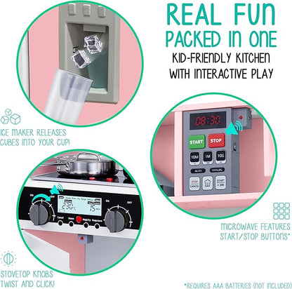 Lil’ Jumbl Kids Pink Kitchen Set, Pretend Wooden Play Kitchen, Battery Operated Icemaker, Microwave, Range Hood, Stove Top, Oven, with Realistic Sound & Lights, Pots, Pan, & Utensils Included