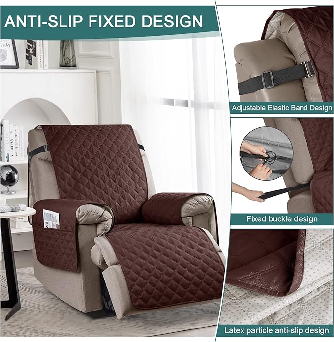 Ruaozz 100% Waterproof Recliner Chair Cover Non-Slip Reclining Cover for Recliner Chair Washable Chair Seat Cover with Elastic Straps for Kids, Dogs, Pets (Coffee, 23'')