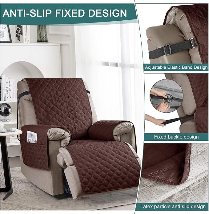 Ruaozz 100% Waterproof Recliner Chair Cover Non-Slip Oversized Reclining Cover for Large Recliner Chair Washable Chair Seat Cover with Elastic Straps for Kids, Dogs, Pets (Coffee, 28'')