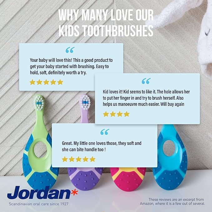 Jordan* ® | Step 1 Baby Toothbrush | 0-2 Years, Soft Bristles, BPA Free | Pink & Purple | 4 Pack