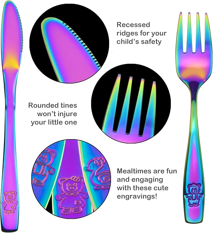 9 Piece Stainless Steel Rainbow Kids Cutlery, Child and Toddler Safe Flatware, Kids Silverware, Kids Utensil Set Includes 3 Knives, 3 Forks, 3 Spoons, Total of 3 Settings, Ideal for Home and Preschool
